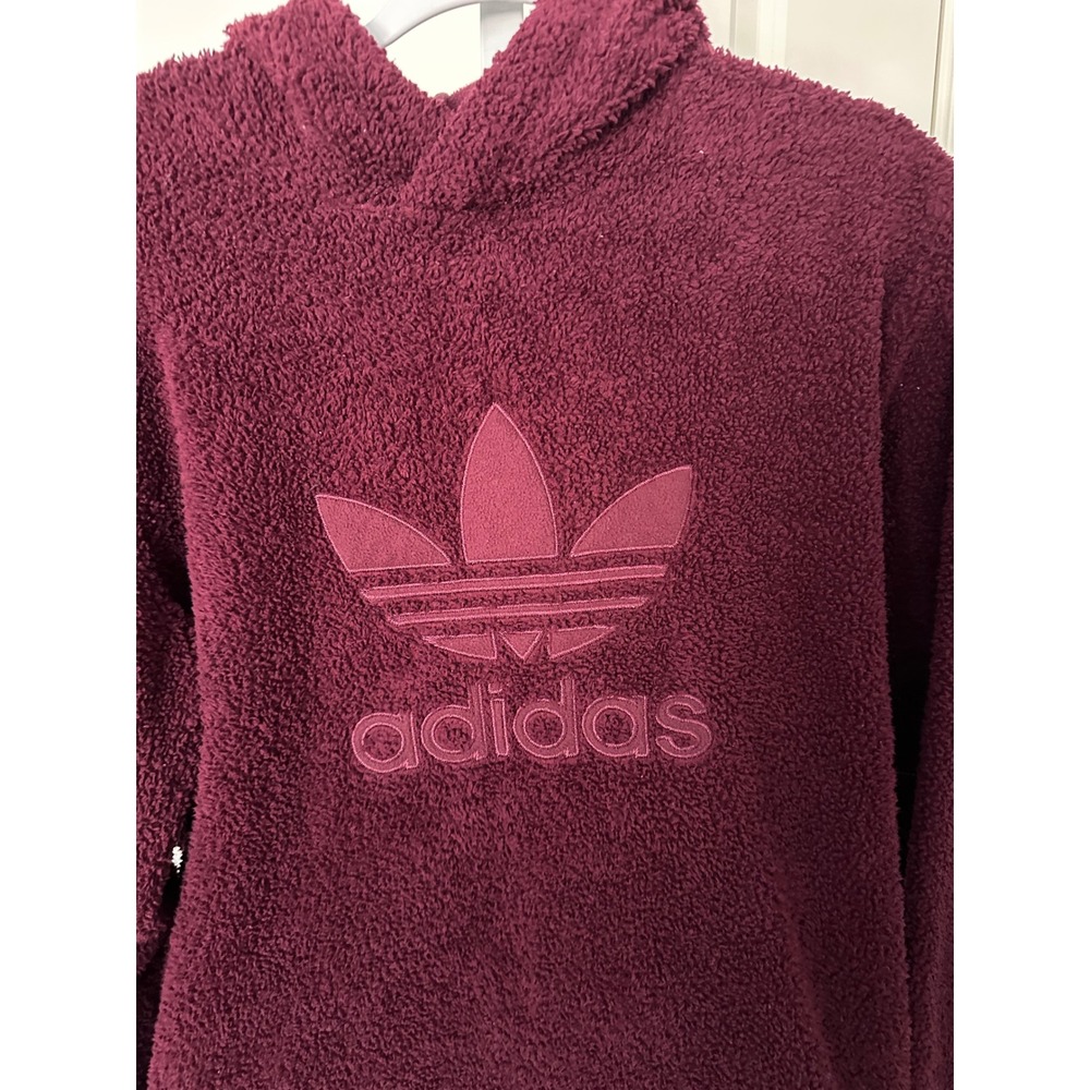Adidas Originals Womens Sherpa Fleece Hoodie Burgundy Maroon Trefoil Logo Small - Picture 2 of 4